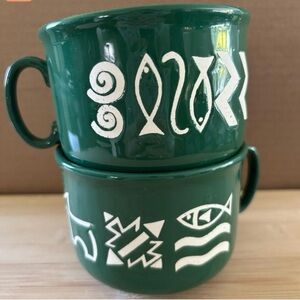 Just Mugs England pair of green pottery mugs with White Tribal Patterns